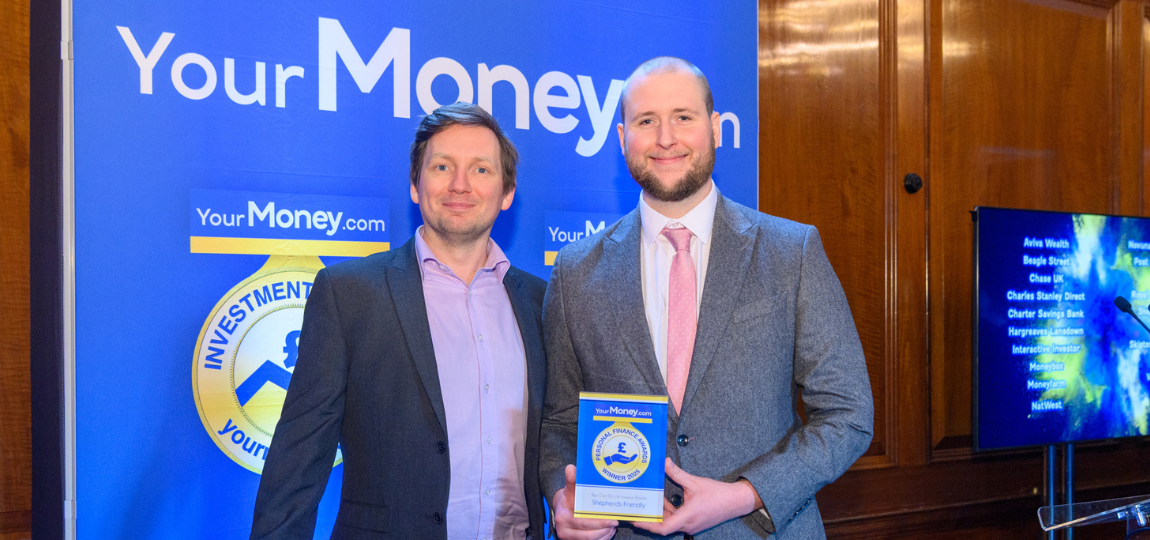 Chris and Dave at the YourMoney.com Awards 2025 collecting our award for Best Over 50s Life Insurance